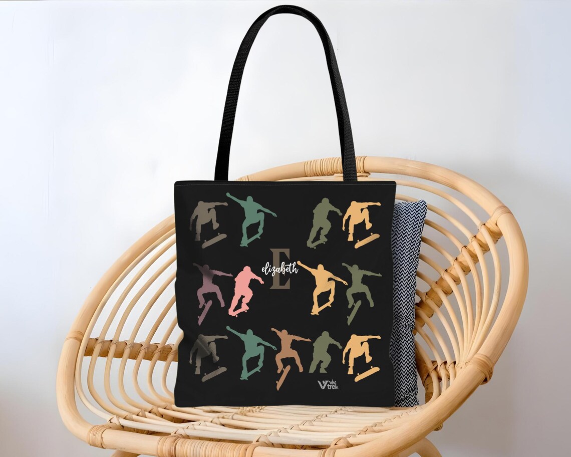 Custom Initial Name Skateboarding Tote Bag – Personalized Retro Skateboard Gift for Teens Boys Girls
