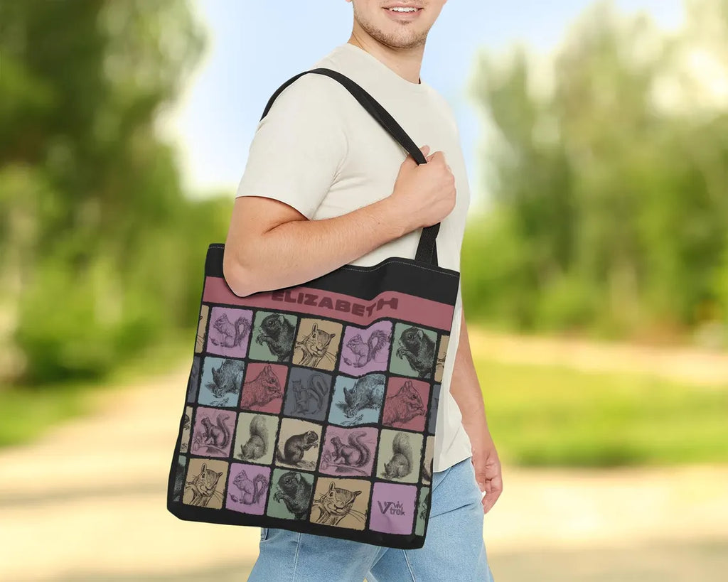 Custom Name Squirrel Tote Bag – Personalized Vintage Chipmunk Gift – Unique Distressed Nature Lover Carry Bag