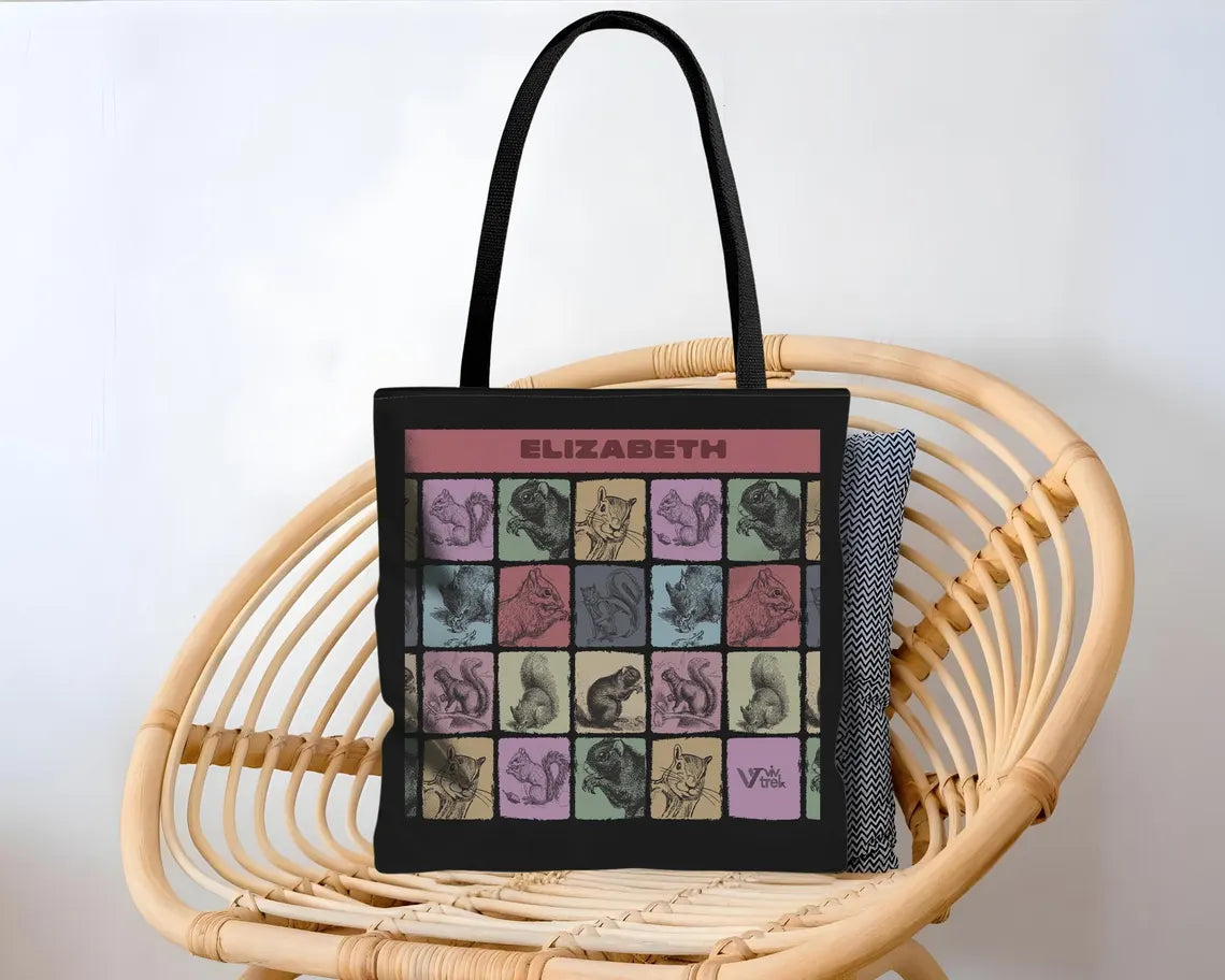 Custom Name Squirrel Tote Bag – Personalized Vintage Chipmunk Gift – Unique Distressed Nature Lover Carry Bag