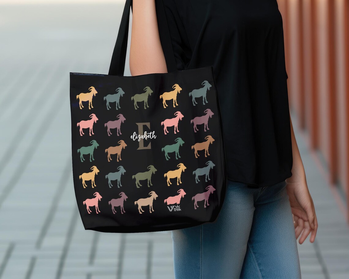 Retro Custom Name Initial Goat Lover Tote Bag Gift | Personalized Farm Animal Graphic Carryall | Unique Present