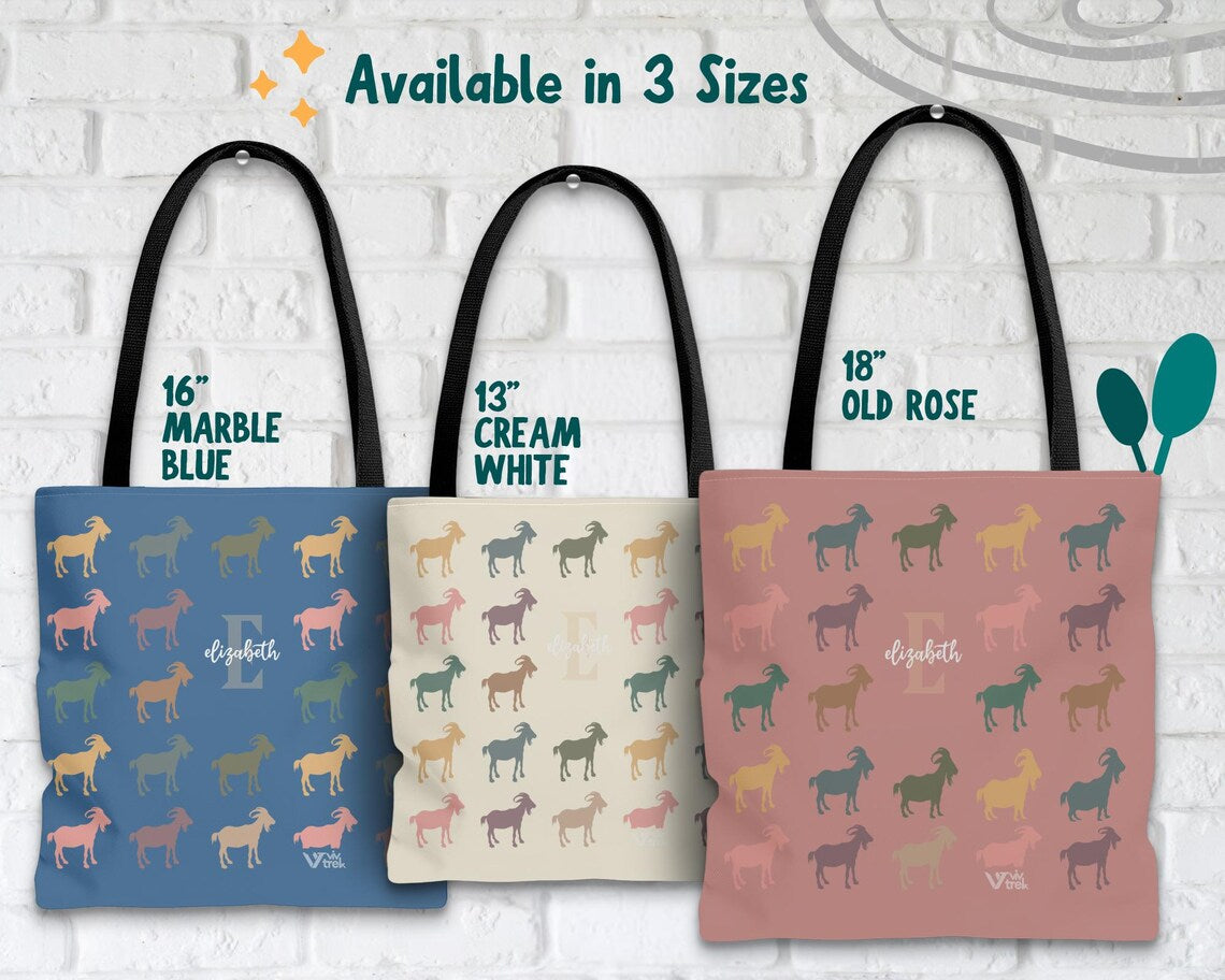 Retro Custom Name Initial Goat Lover Tote Bag Gift | Personalized Farm Animal Graphic Carryall | Unique Present
