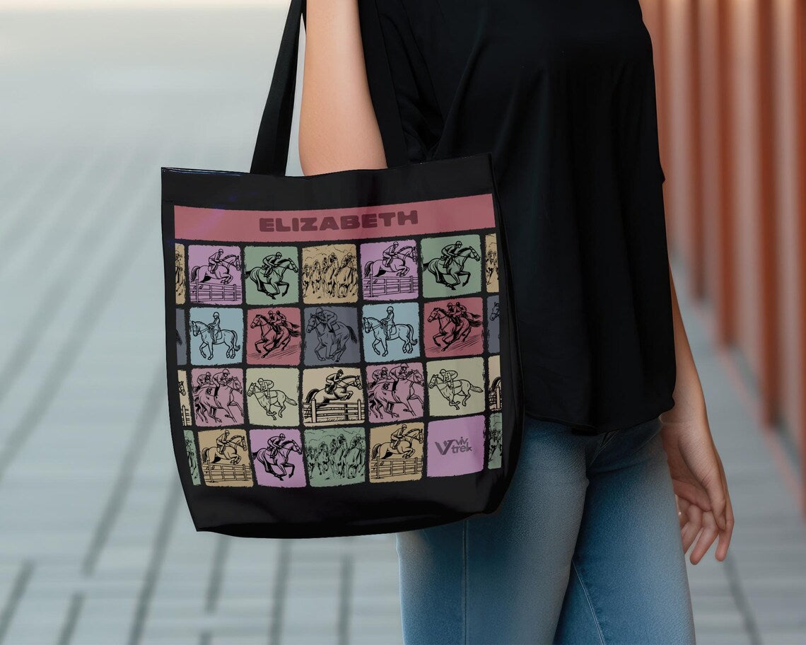 Custom Name Horse Racing Tote Bag – Vintage Personalized Sports Bag – Retro Racing Lover Gift