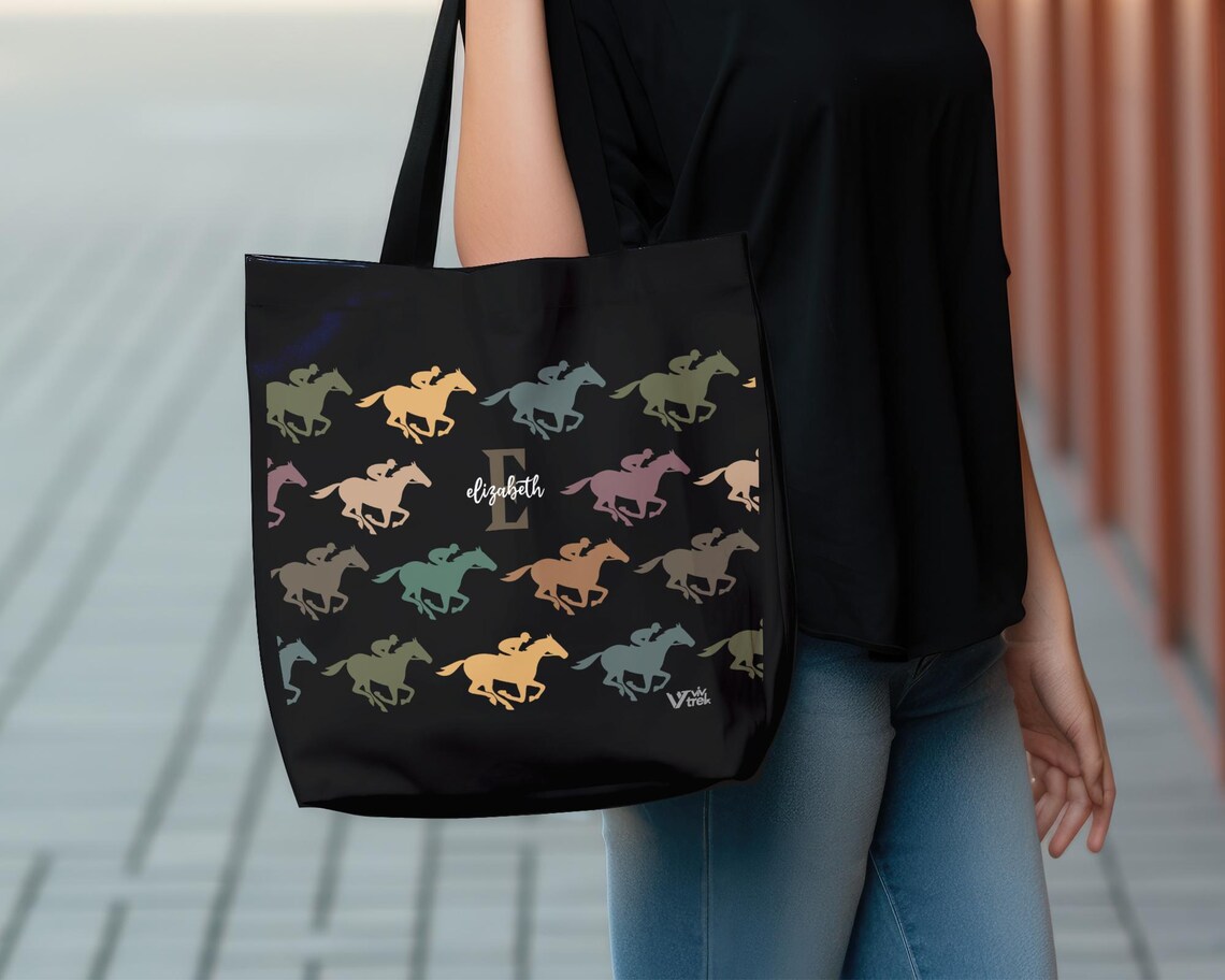 Custom Initial Name Horse Racing Tote Bag – Personalized Equestrian Gift – Retro Racing Lover Sports Bag