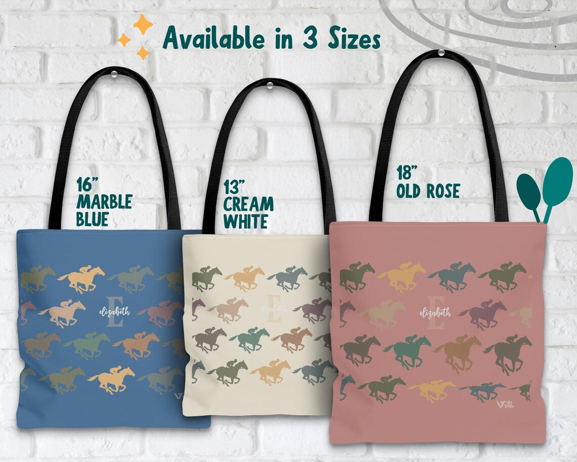 Custom Initial Name Horse Racing Tote Bag – Personalized Equestrian Gift – Retro Racing Lover Sports Bag