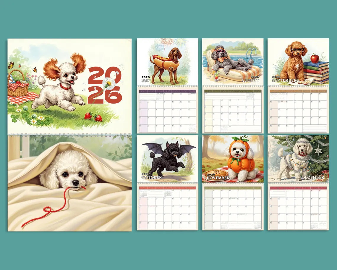 Poodle Dog 2026 Wall Calendar | Vintage Puppy Art Whimsical Dog Mom Gift