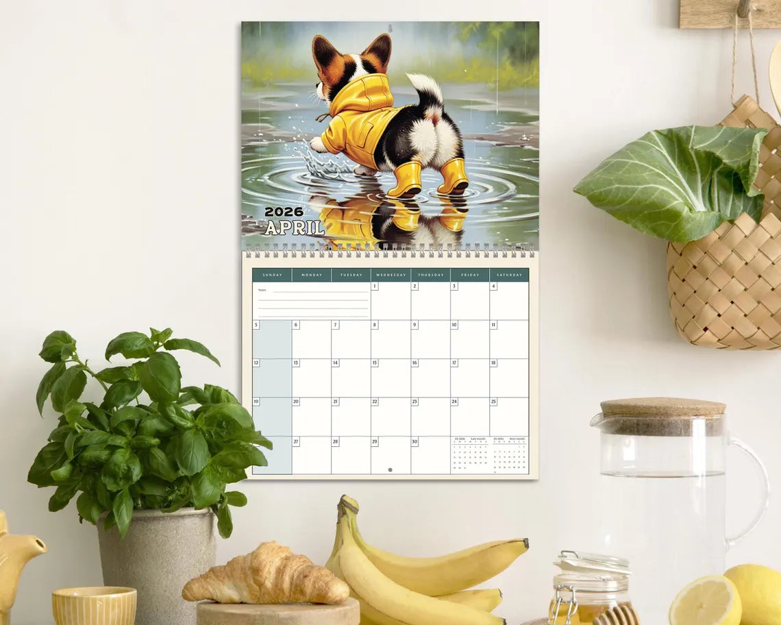 Cute Corgi 2026 Wall Calendar, Floral Dog Art Gift, Cherry Blossom Puppy Decor