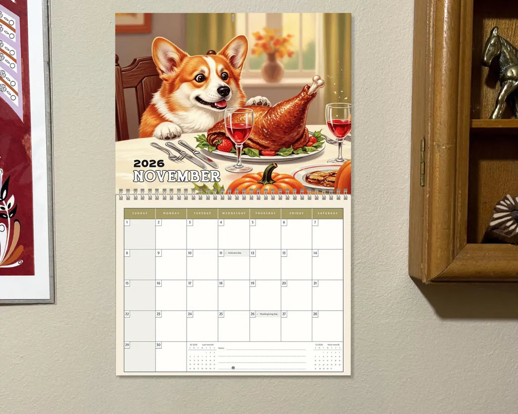 Cute Corgi 2026 Wall Calendar, Floral Dog Art Gift, Cherry Blossom Puppy Decor