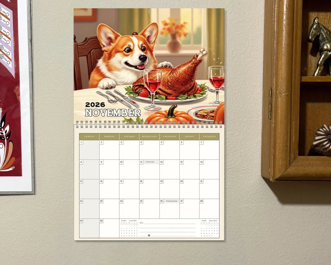Cute Corgi 2026 Wall Calendar, Floral Dog Art Gift, Cherry Blossom Puppy Decor