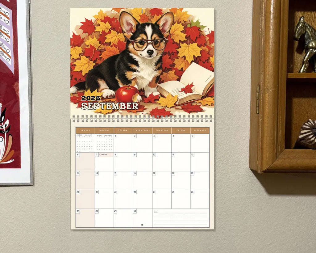 Cute Corgi 2026 Wall Calendar, Floral Dog Art Gift, Cherry Blossom Puppy Decor