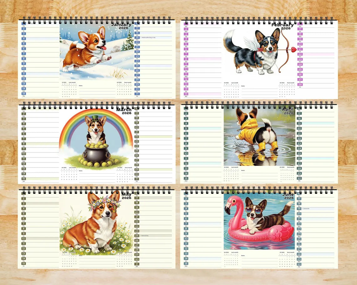 Cute Corgi 2026 Desk Calendar, Kawaii Dog Lover Gift, Cherry Blossom Office Decor