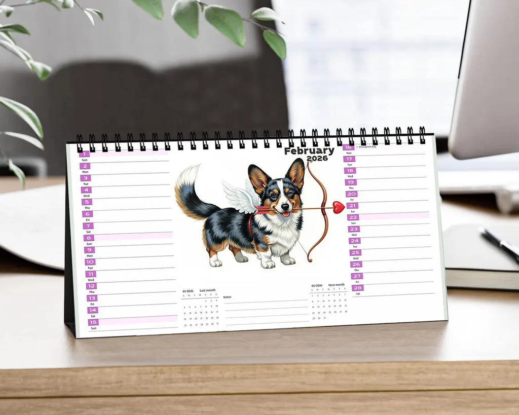 Cute Corgi 2026 Desk Calendar, Kawaii Dog Lover Gift, Cherry Blossom Office Decor