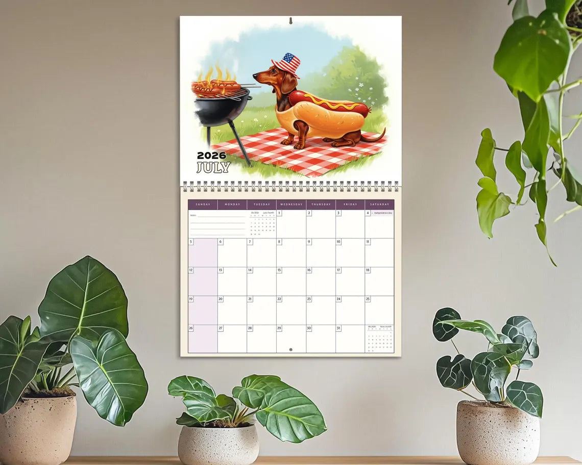 Dachshund Dog 2026 Wall Calendar | Sausage Dog Monthly Planner Gift Her