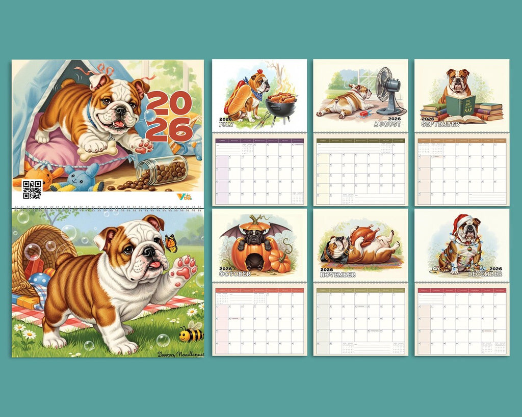 English Bulldog Dog 2026 Wall Calendar | Cute Puppy Monthly Planner Gift