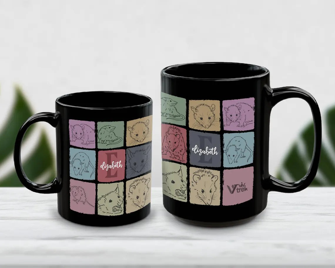 Custom Initial Name Possum Mug – Personalized Retro Opossum Cup – Funny Wildlife Owner Gift