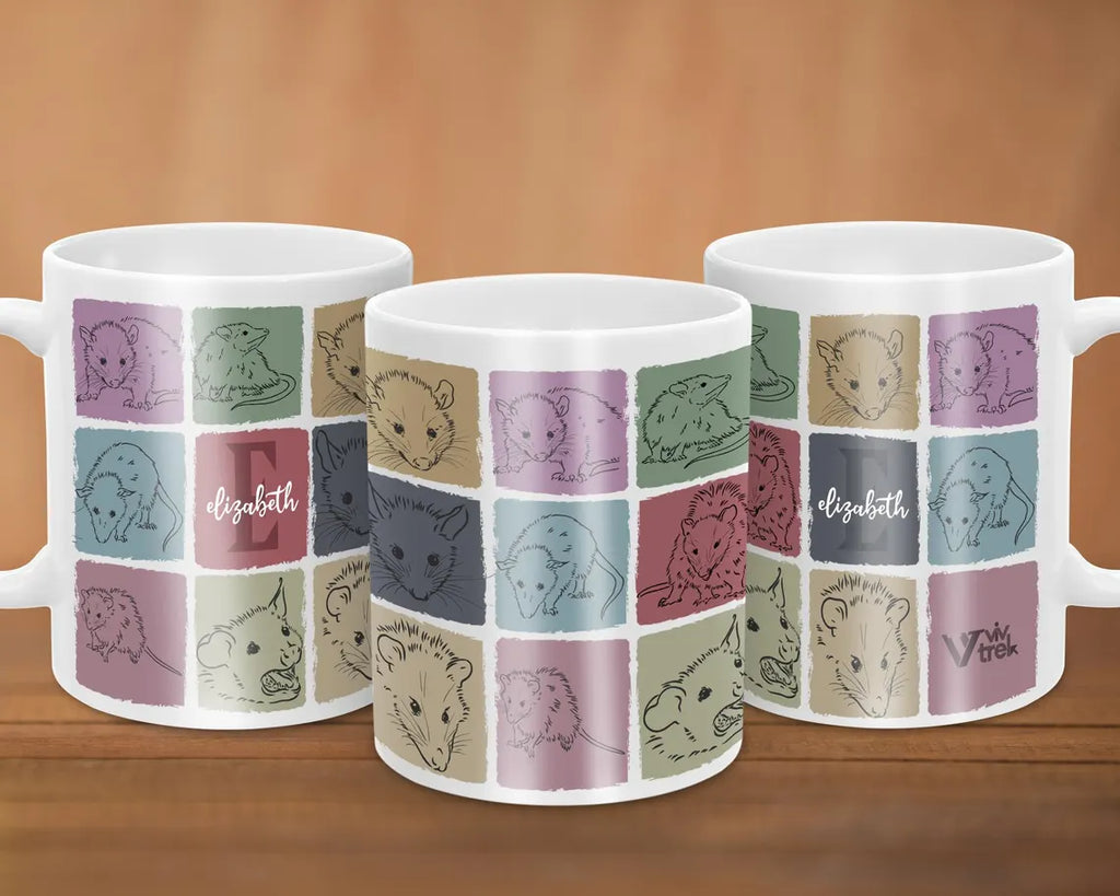 Custom Initial Name Possum Mug – Personalized Retro Opossum Cup – Funny Wildlife Owner Gift