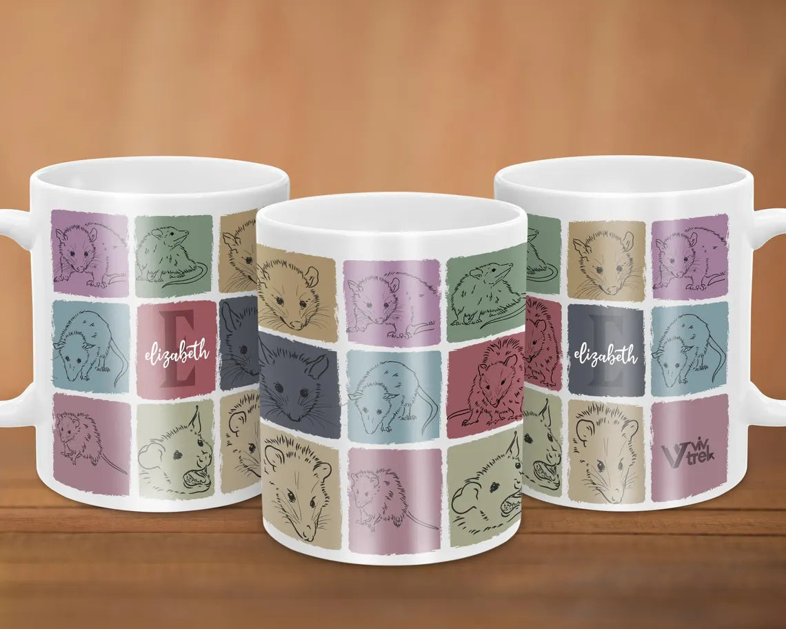 Custom Initial Name Possum Mug – Personalized Retro Opossum Cup – Funny Wildlife Owner Gift