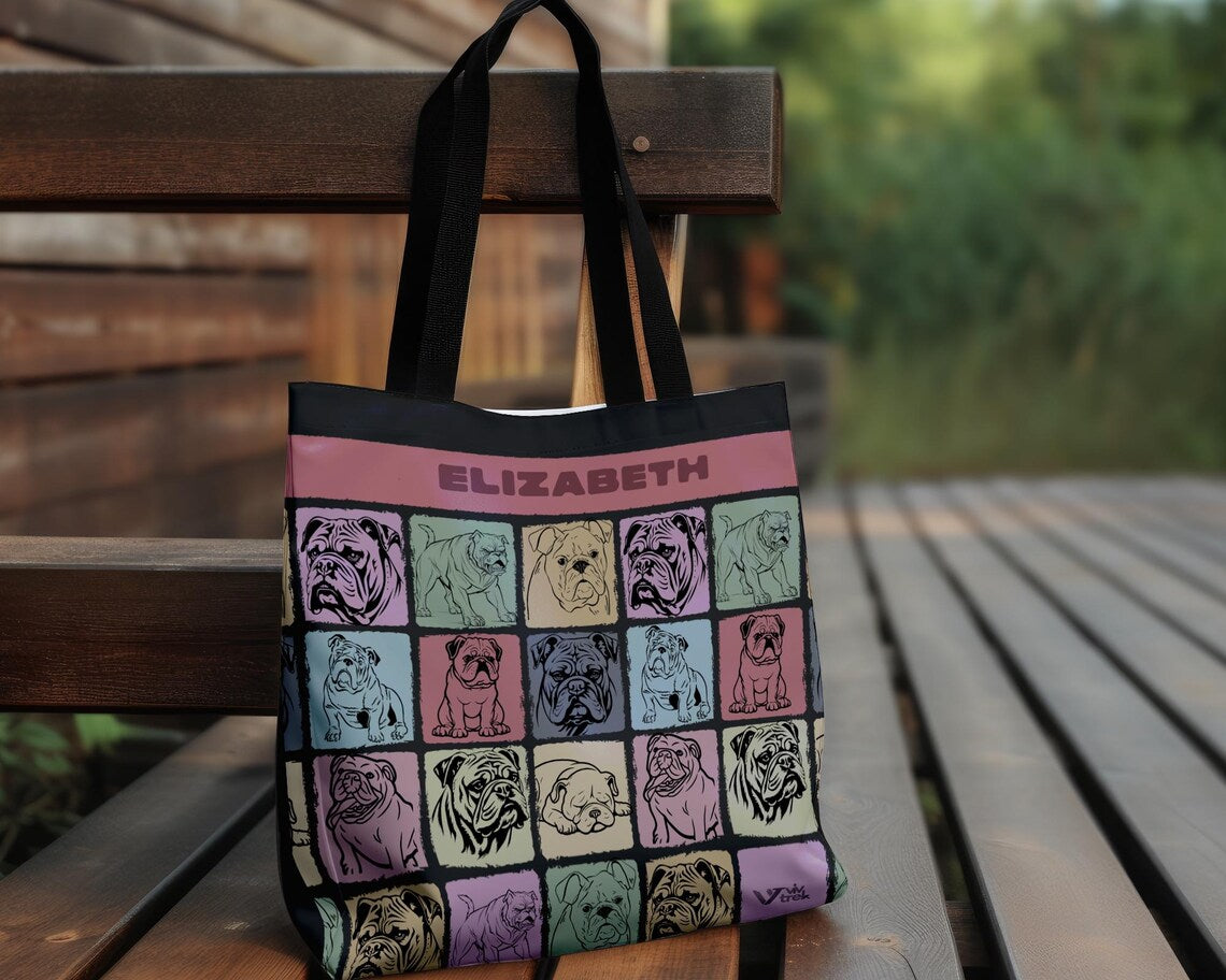 Custom Name English Bulldog Tote Bag, Personalized Retro Dog Lover Shoulder Bag, Vintage Cute Everyday Carry Bag, Stylish Custom Bulldog Tote