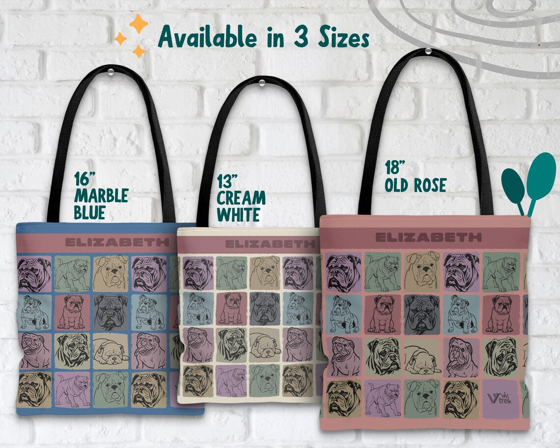 Custom Name English Bulldog Tote Bag, Personalized Retro Dog Lover Shoulder Bag, Vintage Cute Everyday Carry Bag, Stylish Custom Bulldog Tote