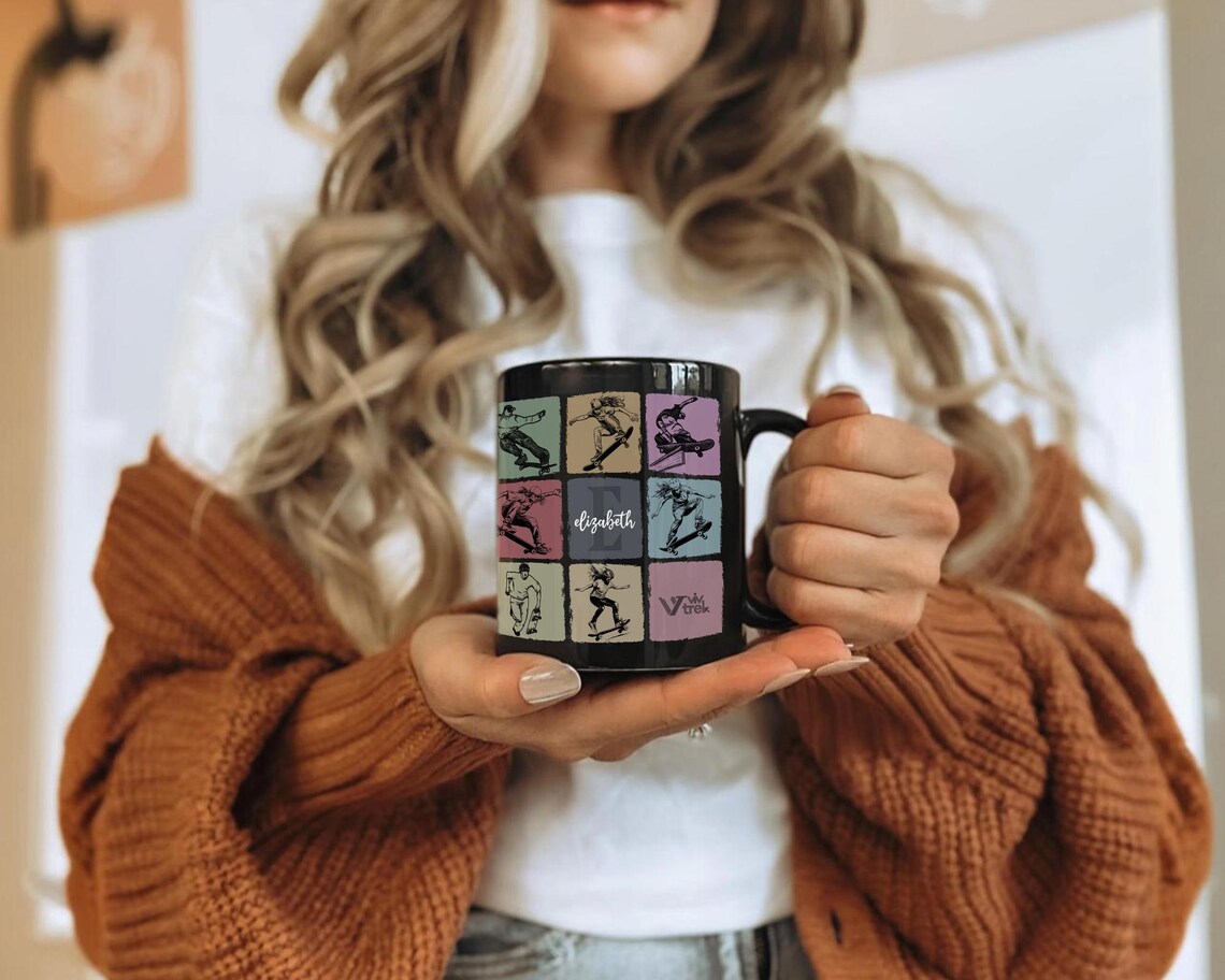 Personalized Vintage Skateboarding Mug, Custom Initial Name Coffee Cup, Colorful Skater Gift for Him or Her, Unique Skateboard Lover Gift