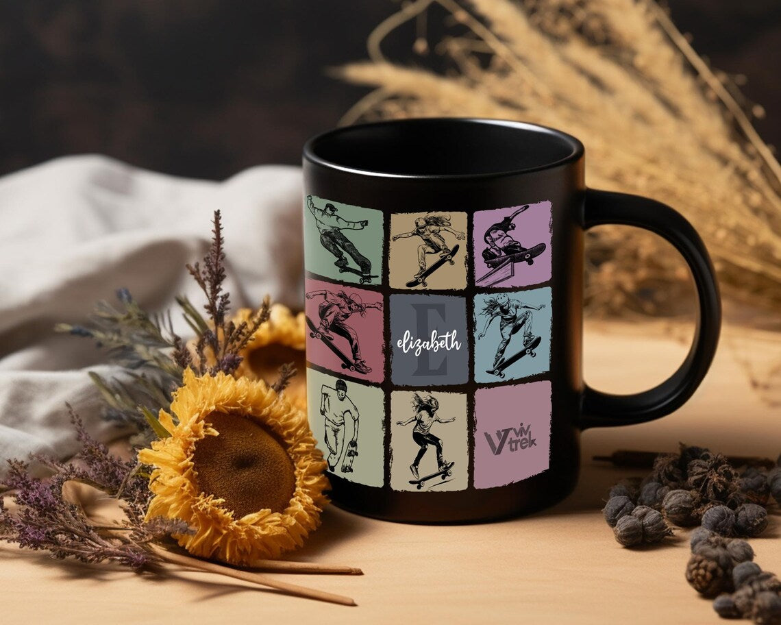 Personalized Vintage Skateboarding Mug, Custom Initial Name Coffee Cup, Colorful Skater Gift for Him or Her, Unique Skateboard Lover Gift