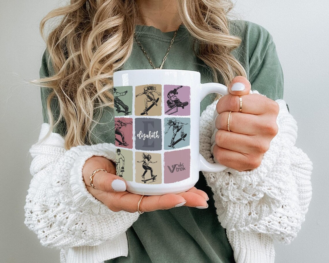 Personalized Vintage Skateboarding Mug, Custom Initial Name Coffee Cup, Colorful Skater Gift for Him or Her, Unique Skateboard Lover Gift