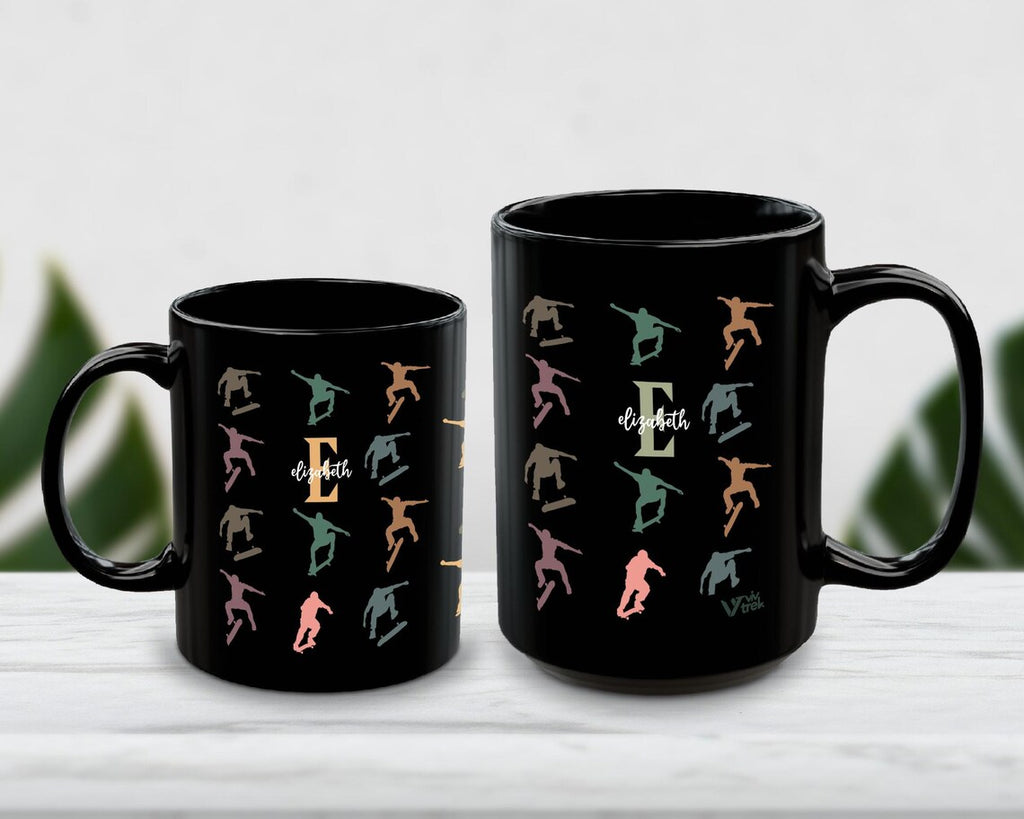 Personalized Retro Skateboarding Mug, Custom Initial Name Coffee Cup, Colorful Skater Gift for Him or Her, Unique Skateboarder Gift Idea