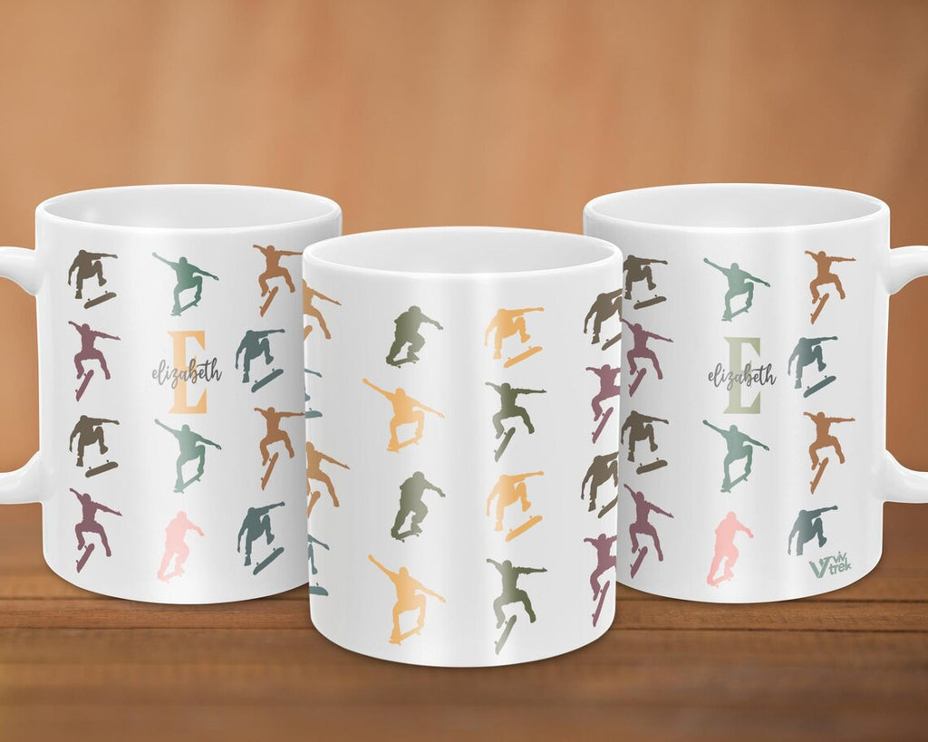 Personalized Retro Skateboarding Mug, Custom Initial Name Coffee Cup, Colorful Skater Gift for Him or Her, Unique Skateboarder Gift Idea