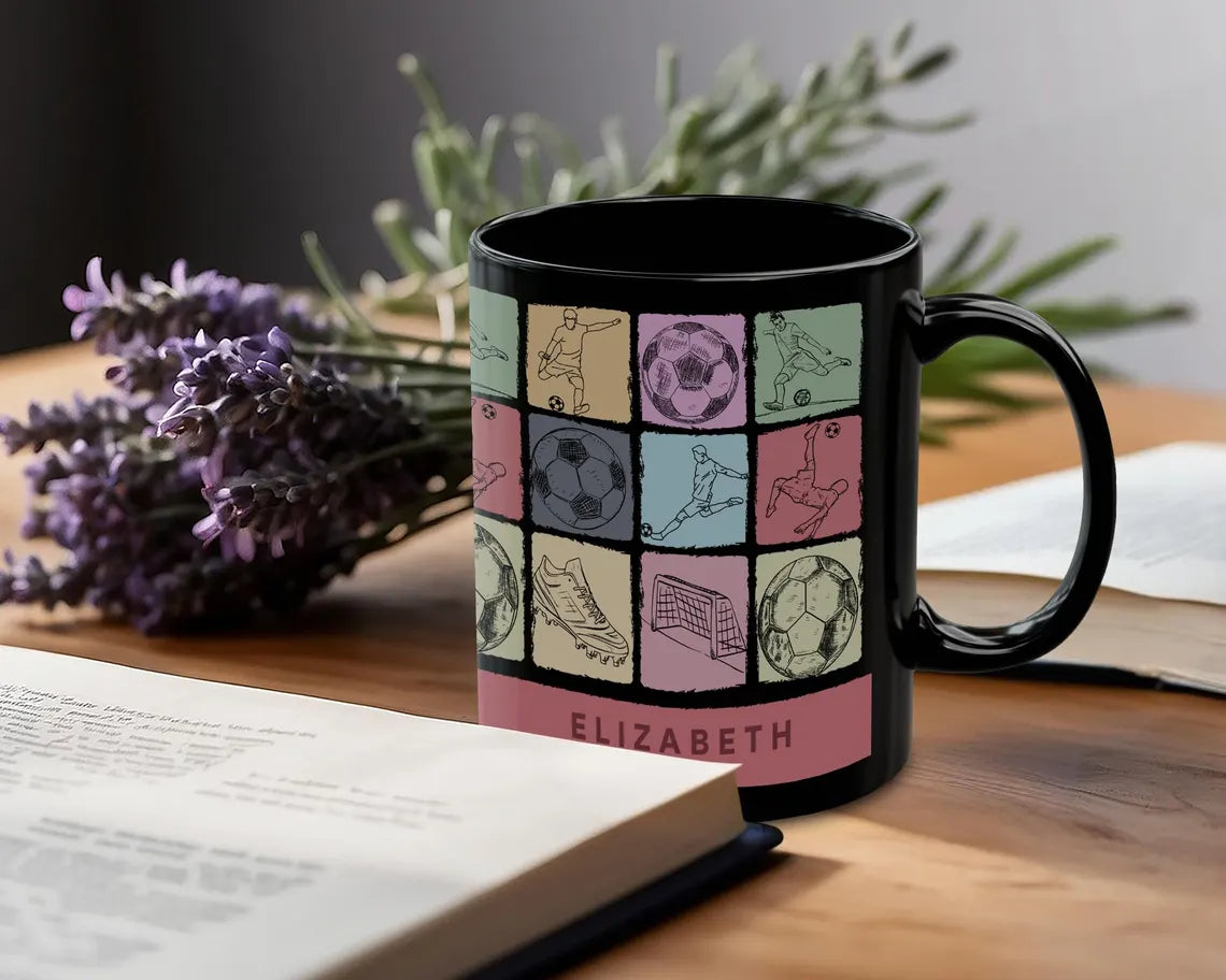 Vintage Custom Name Soccer Coffee Mug, Personalized Soccer Fan Gift, Colorful Initial Mug, Unique Soccer Player Gift for Coffee Lovers
