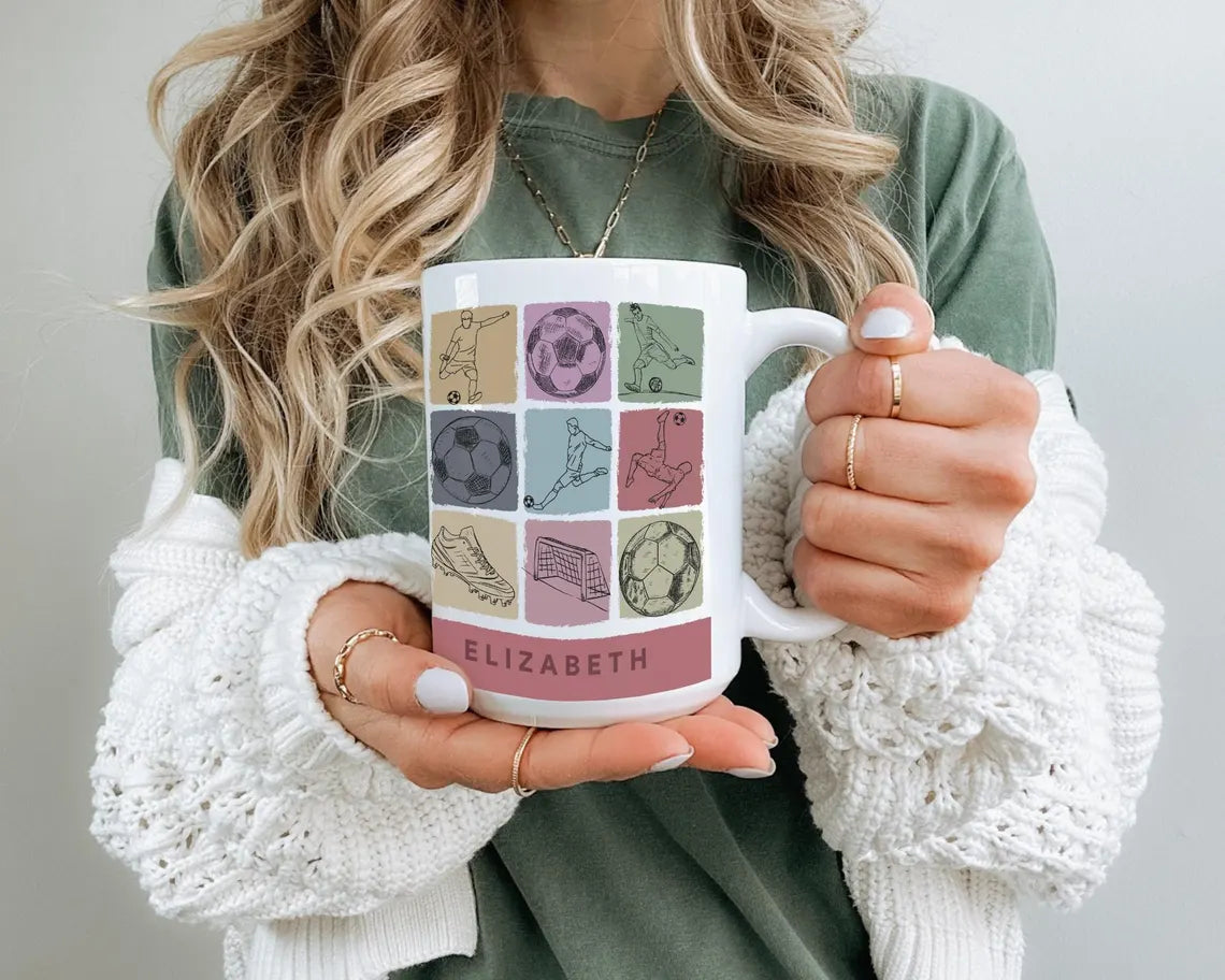 Vintage Custom Name Soccer Coffee Mug, Personalized Soccer Fan Gift, Colorful Initial Mug, Unique Soccer Player Gift for Coffee Lovers