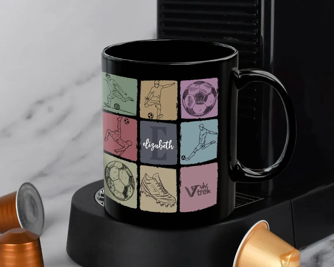 Vintage Custom Initial Name Squirrel Mug, Personalized Soccer Coffee Cup, Colorful Soccer Fan Gift, Custom Name Sports Lover Present