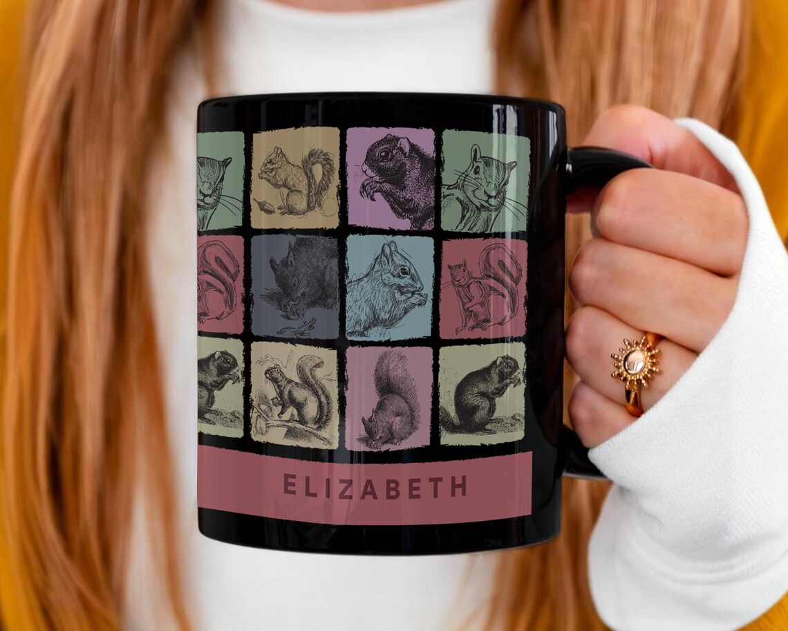 Vintage Custom Name Squirrel Coffee Mug, Personalized Squirrel Lover Gift, Colorful Custom Name Mug for Coffee & Nature Enthusiasts