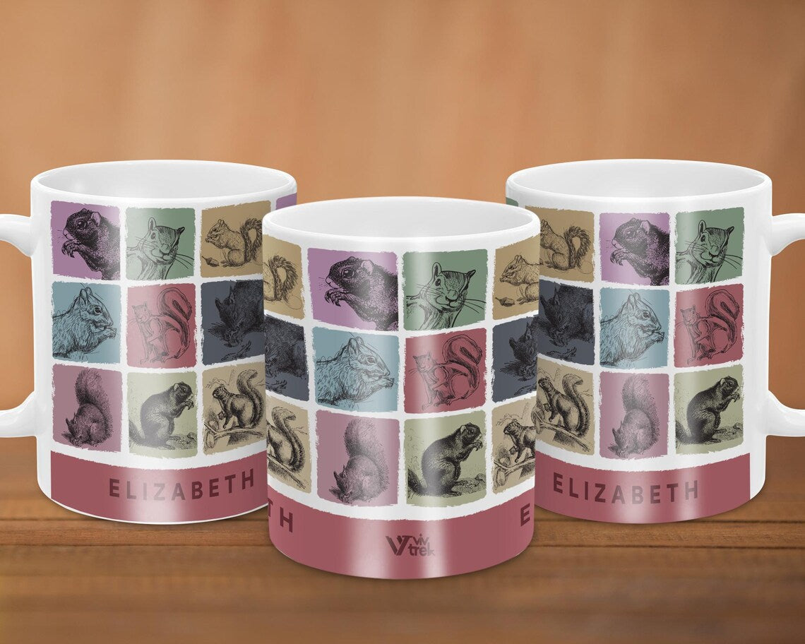 Vintage Custom Name Squirrel Coffee Mug, Personalized Squirrel Lover Gift, Colorful Custom Name Mug for Coffee & Nature Enthusiasts