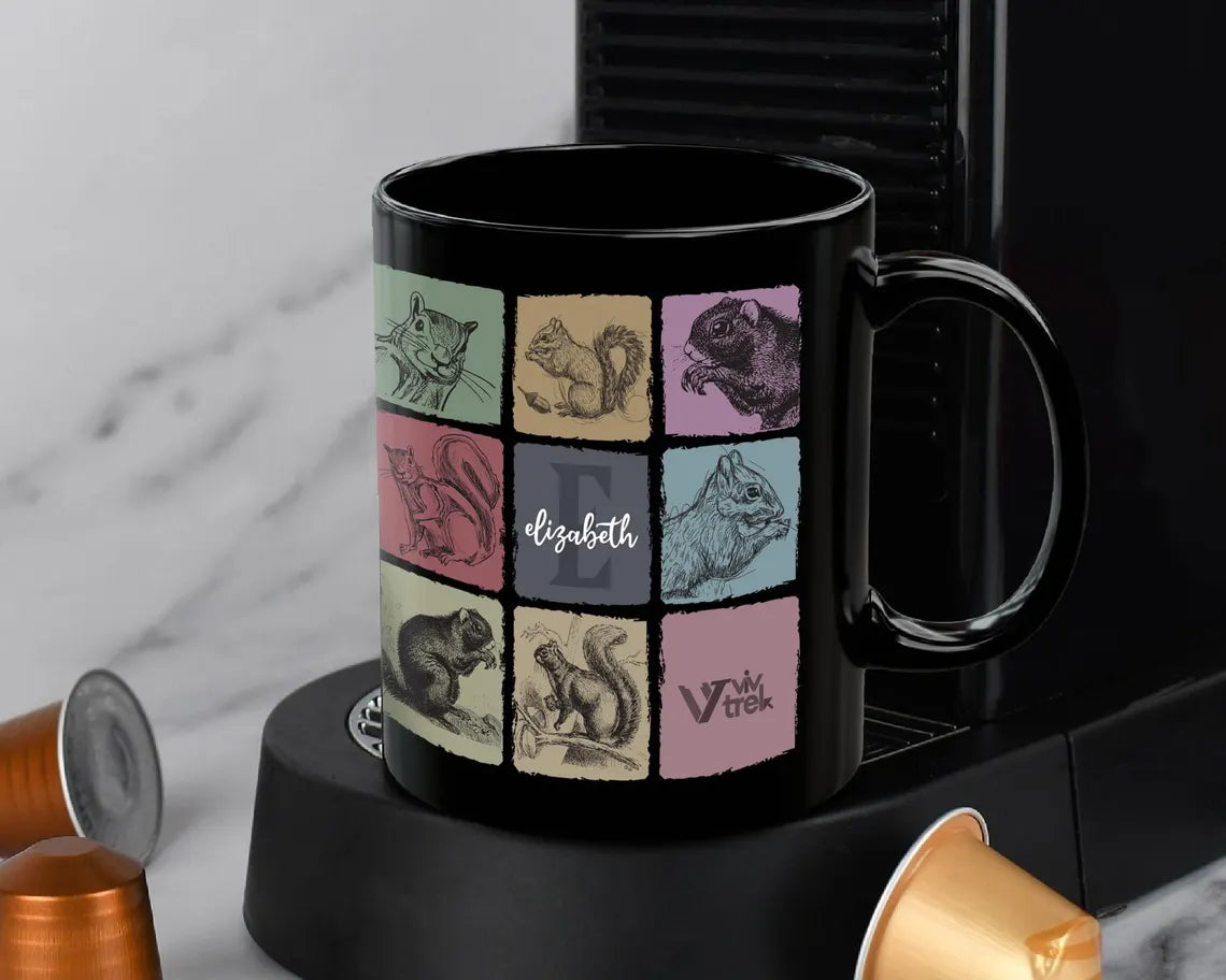 Vintage Custom Name Initial Squirrel Coffee Mug, Personalized Squirrel Lover Gift, Colorful Custom Initial Mug for Coffee & Nature Fans