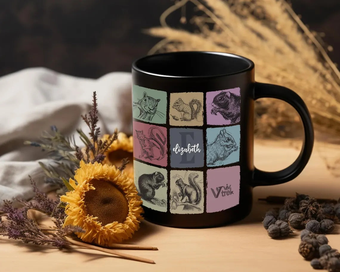 Vintage Custom Name Initial Squirrel Coffee Mug, Personalized Squirrel Lover Gift, Colorful Custom Initial Mug for Coffee & Nature Fans