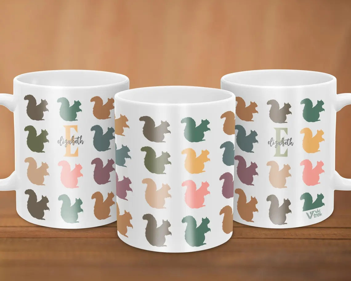 Personalized Custom Initial Name Mug, Retro Squirrel Coffee Mug, Colorful Squirrel Lover Gift, Custom Name Coffee Mug for Nature Fans