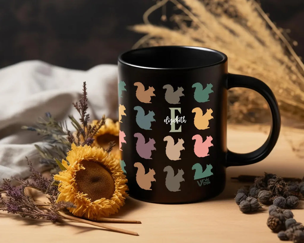 Personalized Custom Initial Name Mug, Retro Squirrel Coffee Mug, Colorful Squirrel Lover Gift, Custom Name Coffee Mug for Nature Fans