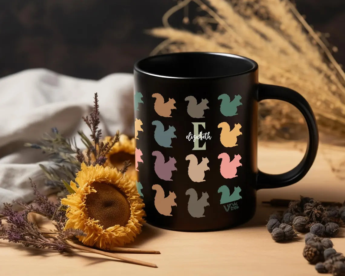 Personalized Custom Initial Name Mug, Retro Squirrel Coffee Mug, Colorful Squirrel Lover Gift, Custom Name Coffee Mug for Nature Fans