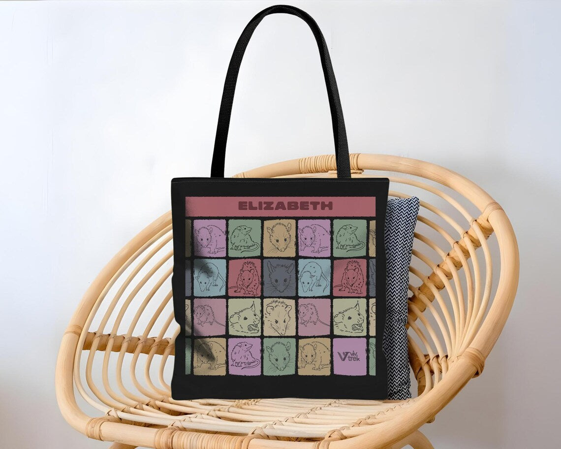 Custom Name Vintage Possum Tote Bag – Personalized Opossum Gift Carryall – Cute Opossum Accessory