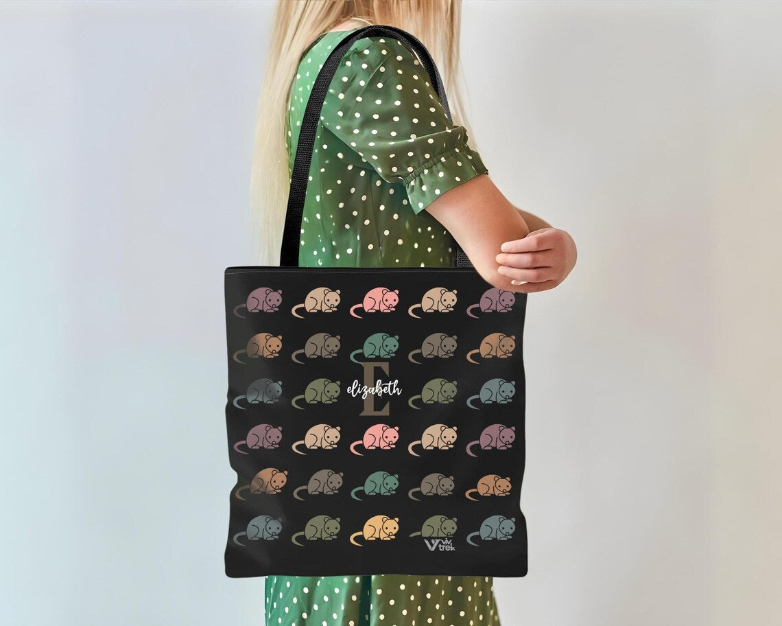 Custom Initial Name Possum Tote Bag – Personalized Retro Opossum Gift – Colorful Carry Bag Accessory