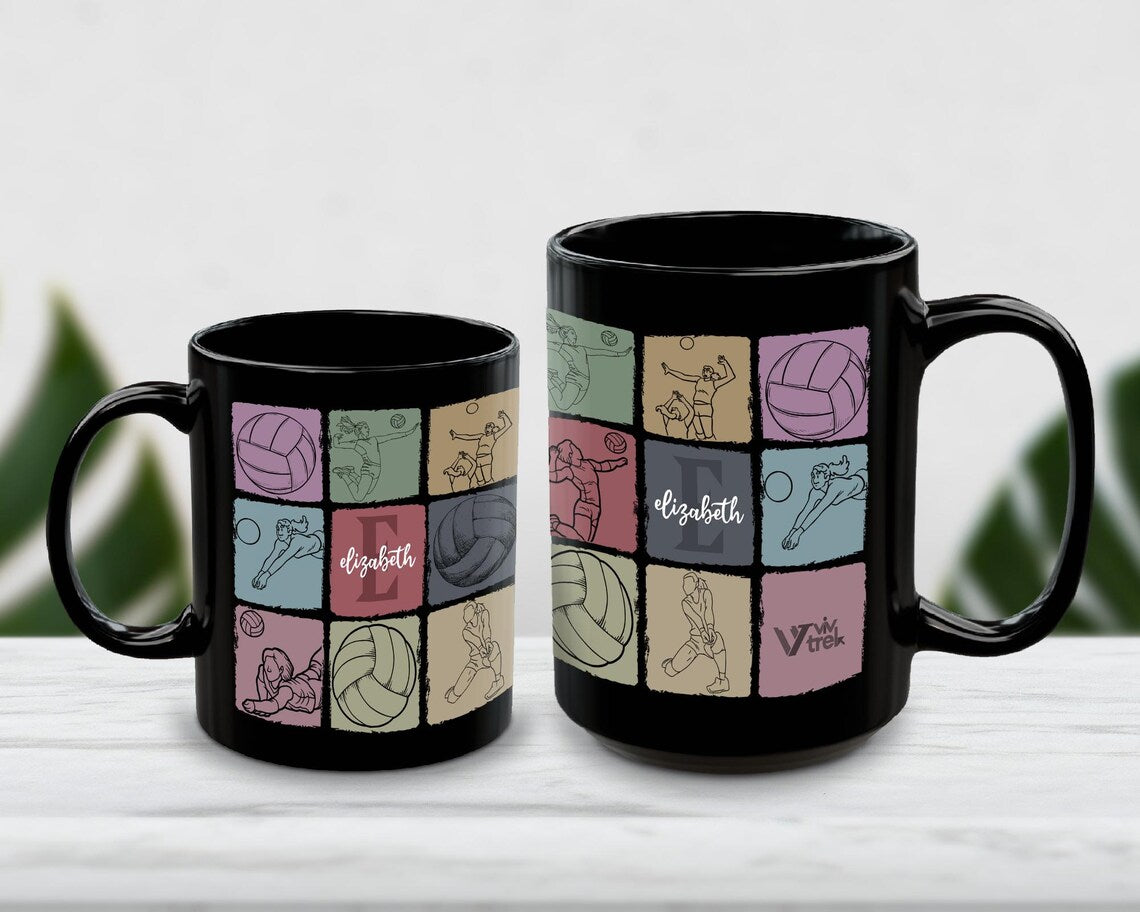 Custom Name Volleyball Coffee Mug, Personalized Initial Volleyball Gift, Vintage Sports Lover Mug, Team Volleyball Gift for Players