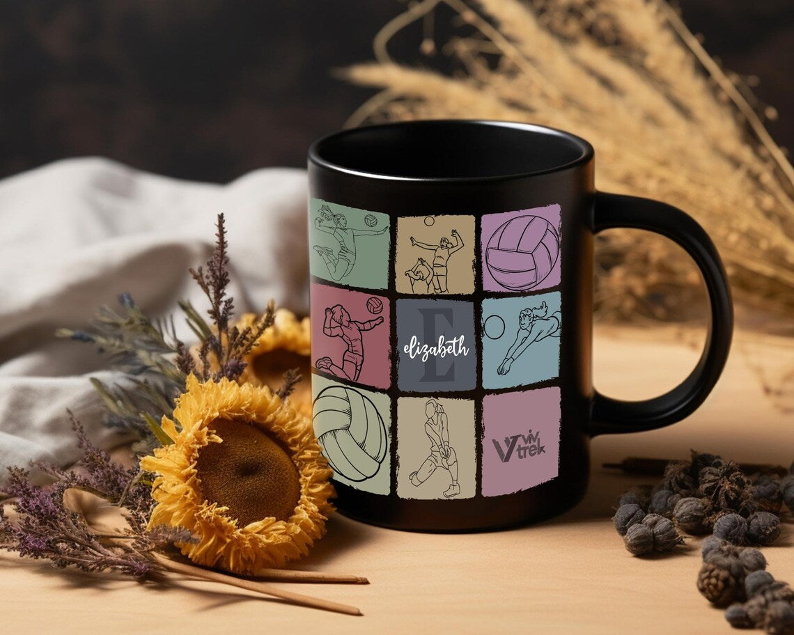 Custom Name Volleyball Coffee Mug, Personalized Initial Volleyball Gift, Vintage Sports Lover Mug, Team Volleyball Gift for Players