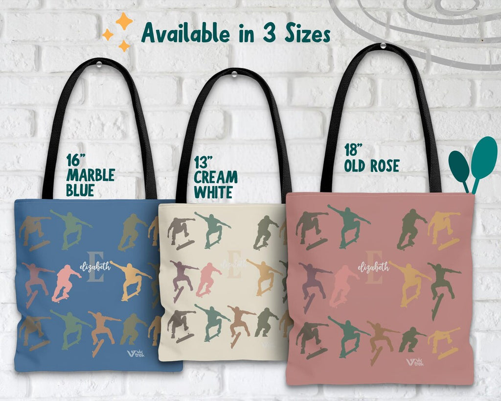 Custom Initial Name Skateboarding Tote Bag – Personalized Retro Skateboard Gift for Teens Boys Girls