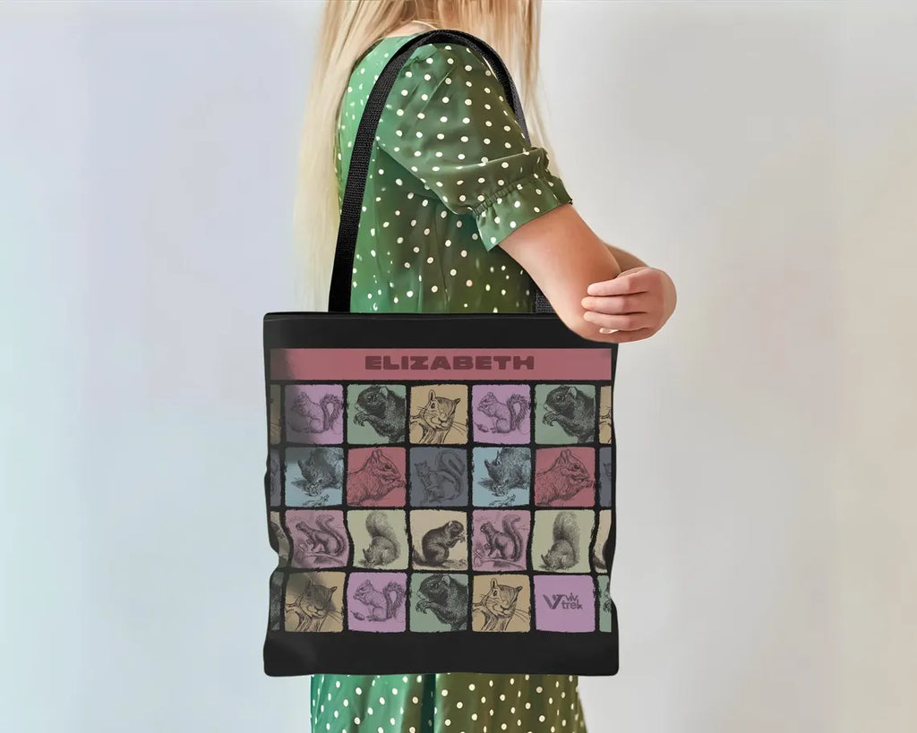 Custom Name Squirrel Tote Bag – Personalized Vintage Chipmunk Gift – Unique Distressed Nature Lover Carry Bag