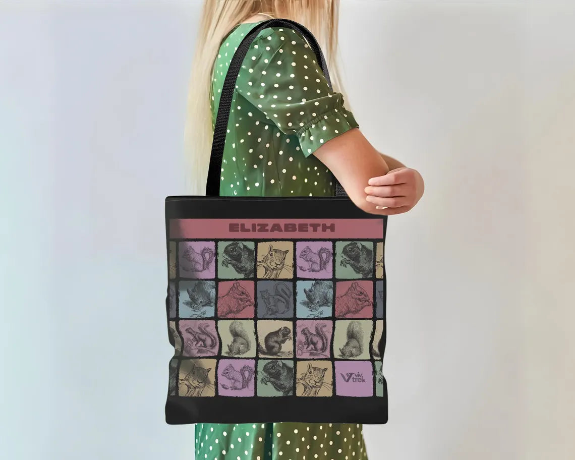 Custom Name Squirrel Tote Bag – Personalized Vintage Chipmunk Gift – Unique Distressed Nature Lover Carry Bag