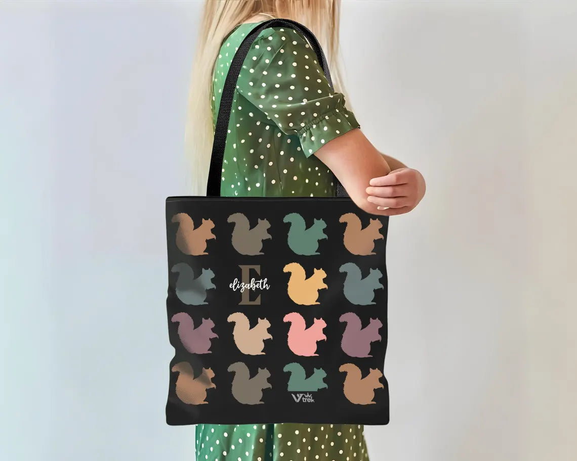 Custom Initial Name Squirrel Tote Bag – Retro Personalized Chipmunk Gift – Unique Distressed Nature Lover Carryall