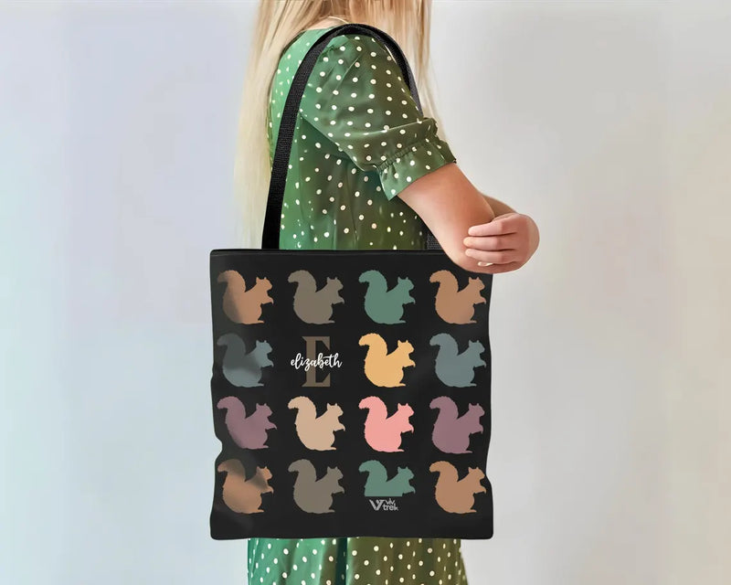 Custom Initial Name Squirrel Tote Bag – Retro Personalized Chipmunk Gift – Unique Distressed Nature Lover Carryall