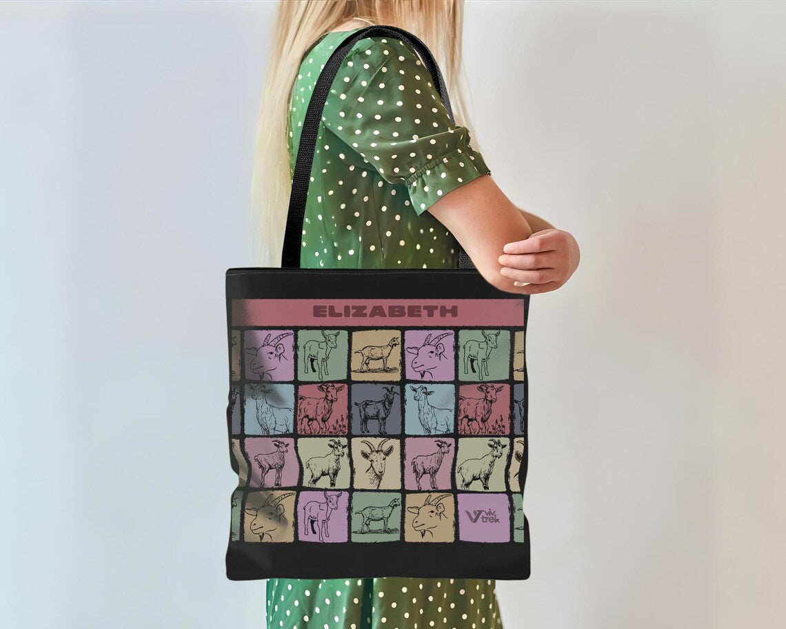 Personalized Name Goat Lover Tote Bag Gift | Retro Farm Animal Design | Custom Graphic Carryall | Unique Present
