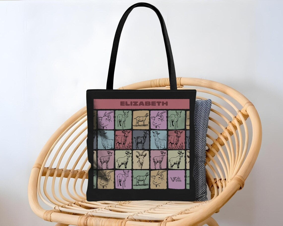 Personalized Name Goat Lover Tote Bag Gift | Retro Farm Animal Design | Custom Graphic Carryall | Unique Present