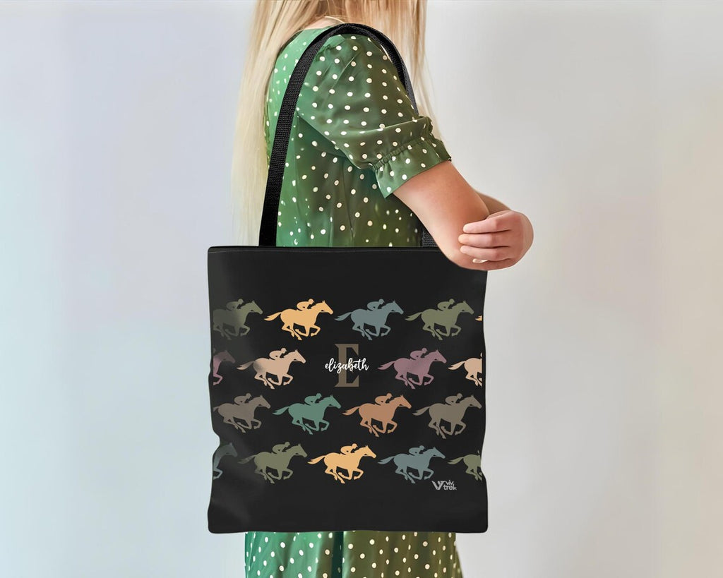 Custom Initial Name Horse Racing Tote Bag – Personalized Equestrian Gift – Retro Racing Lover Sports Bag