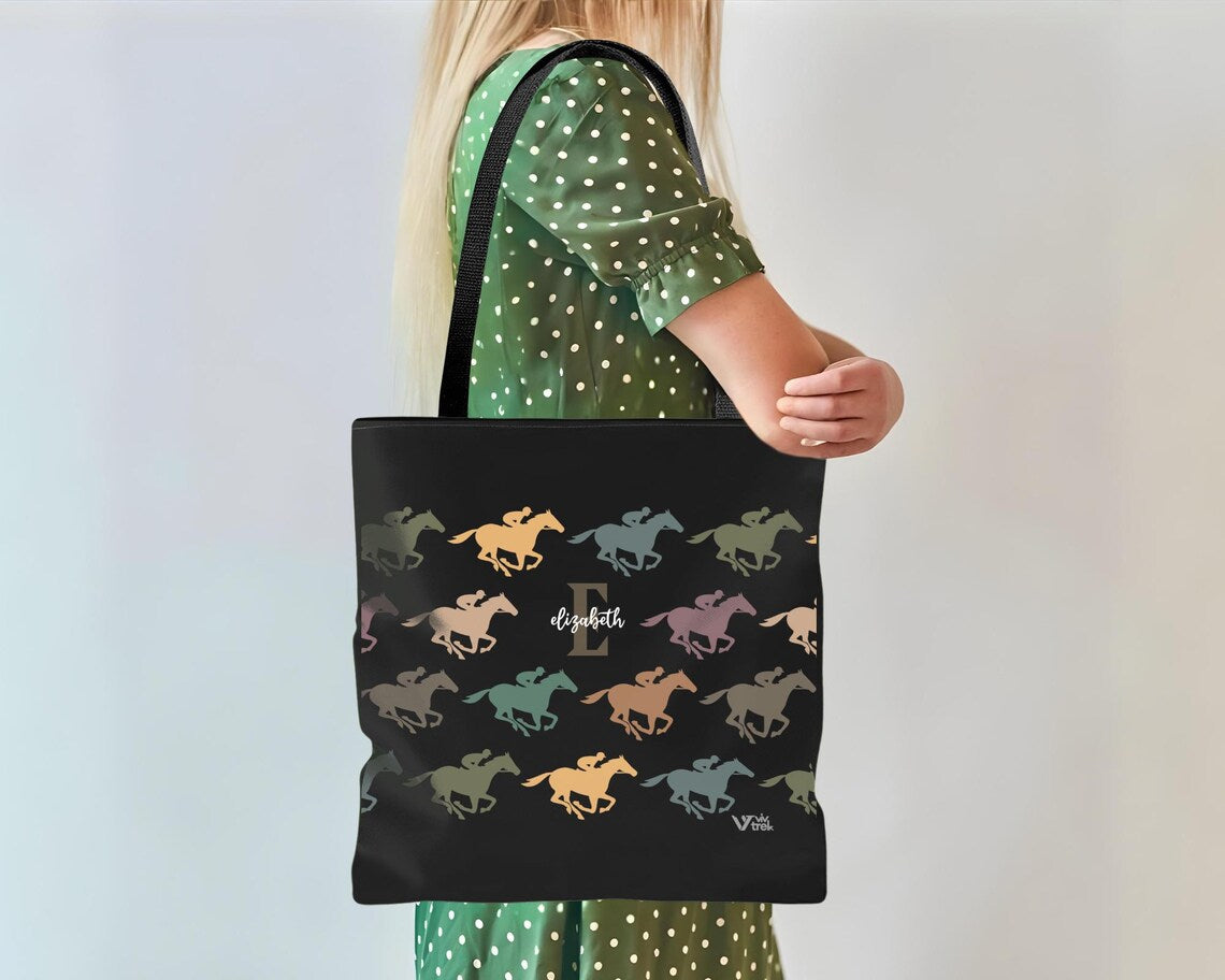 Custom Initial Name Horse Racing Tote Bag – Personalized Equestrian Gift – Retro Racing Lover Sports Bag